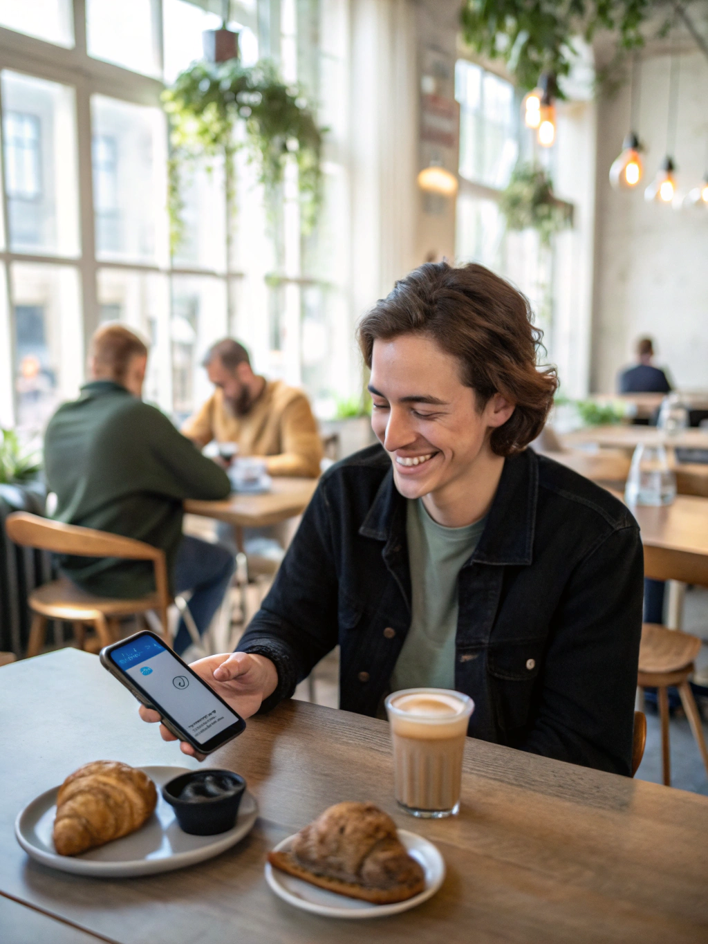 Happy person using smartphone